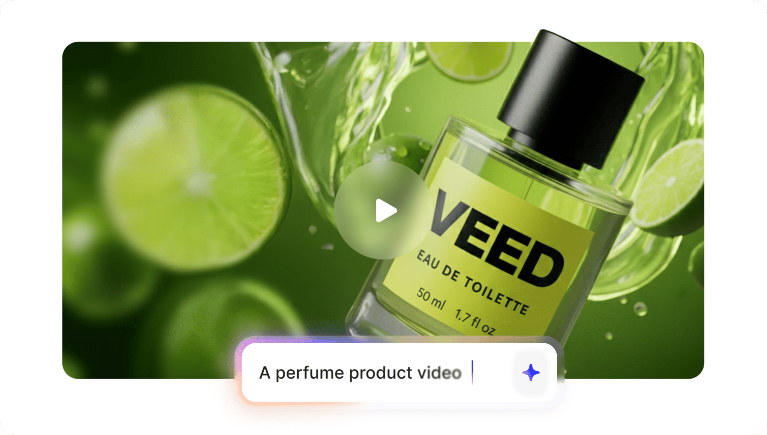 VEED's AI product video generator creating a perfume advertisement with botanical styling and integrated VEED branding.