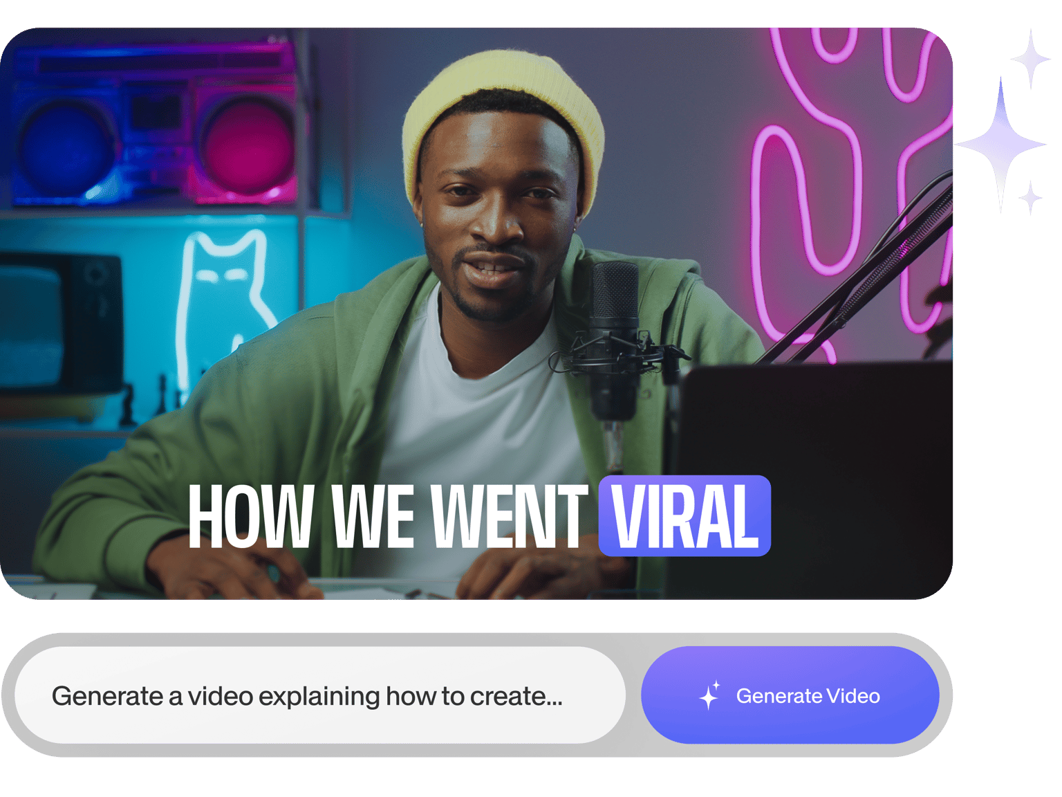 VEED's AI Assist showing a video with 'HOW WE WENT VIRAL' text and a 'Generate Video' button to create explanatory content.
