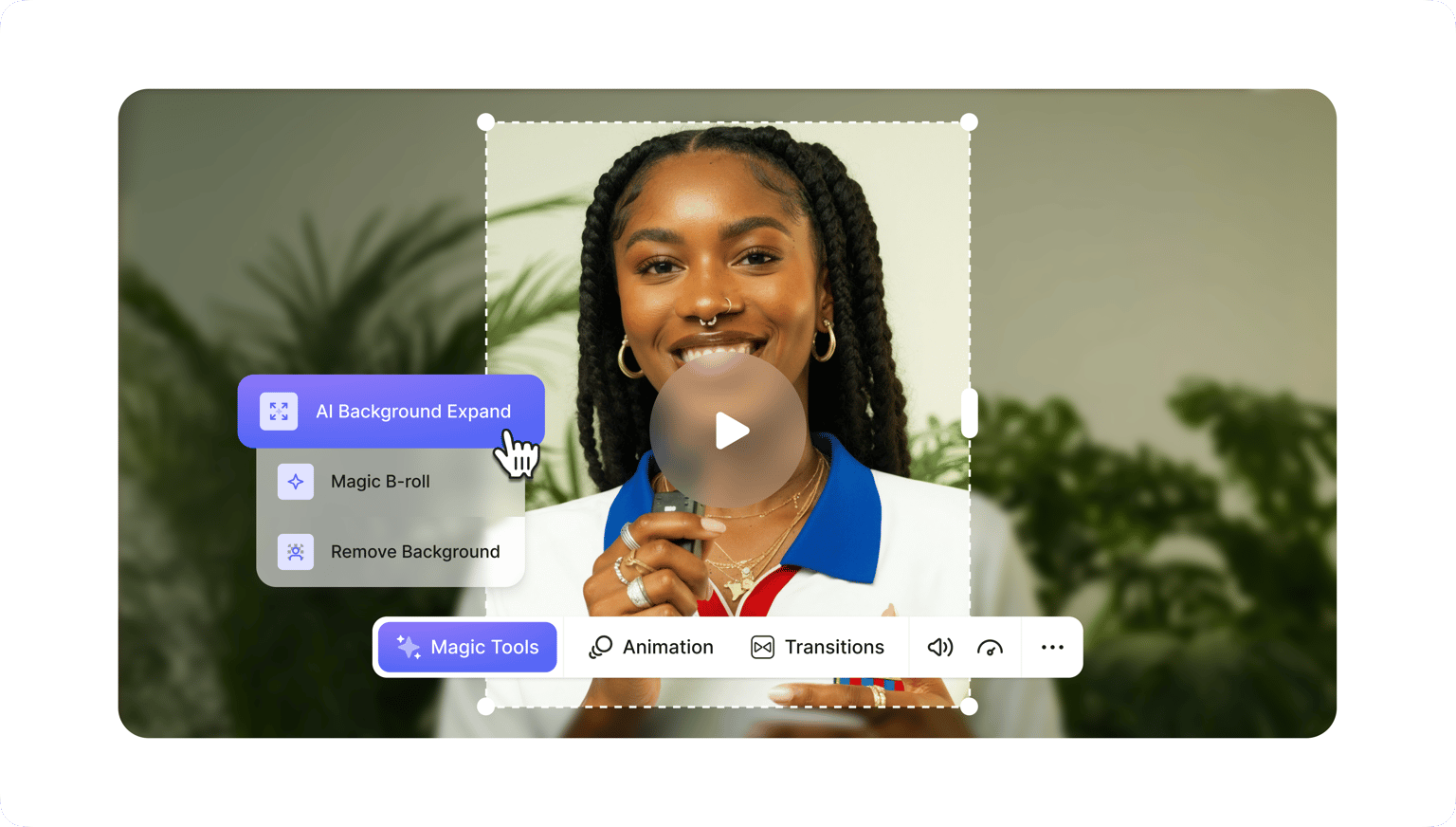 VEED's AI Background Expand automatically extends background space around a person in portrait videos.