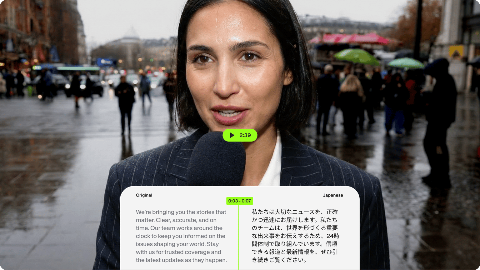 VEED's AI Dubbing showing auto-translated content in English and Chinese displayed on a tablet in an urban setting.