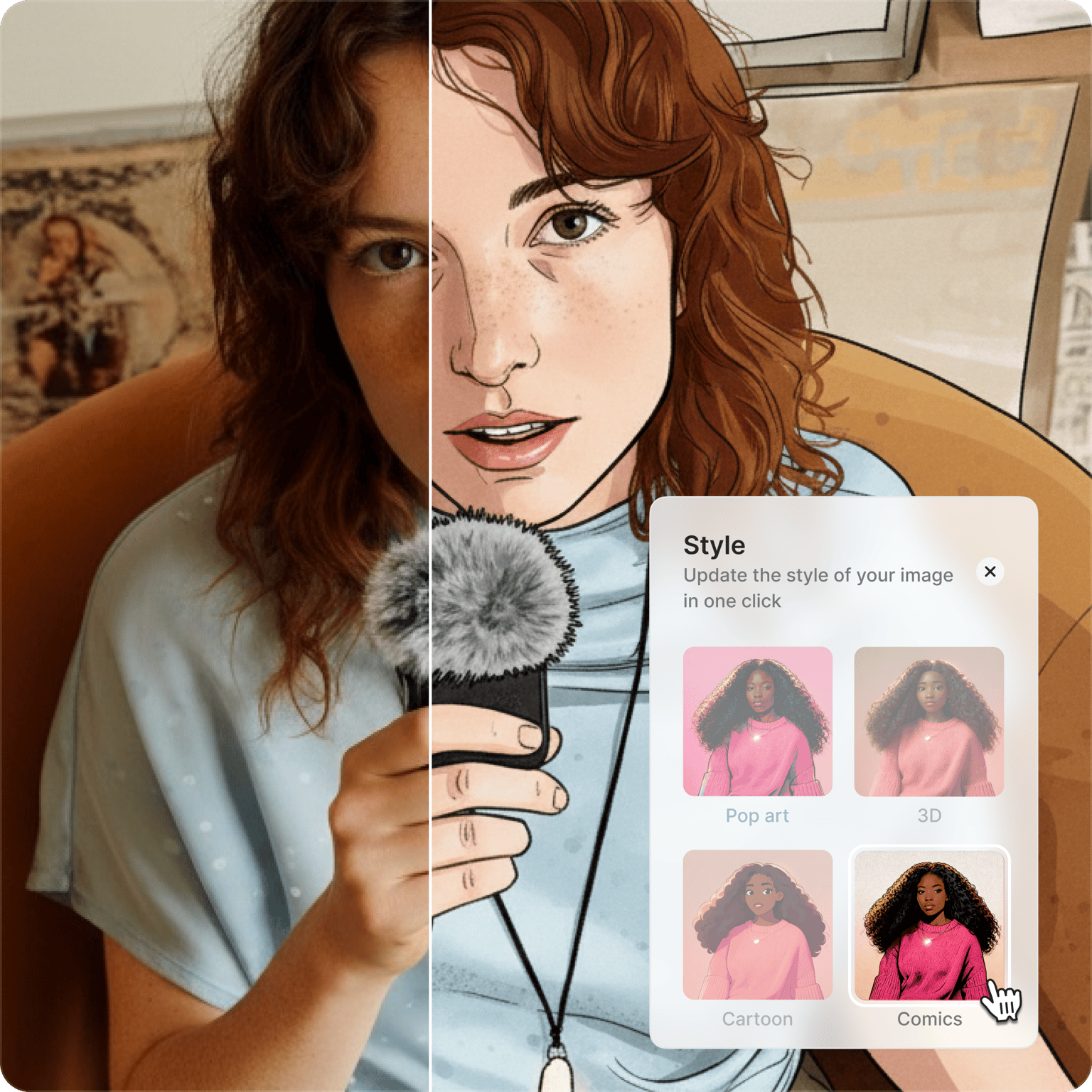 VEED's AI Filter displaying selectable hairstyle variations, including pink and dark options, accessible via the Style menu.