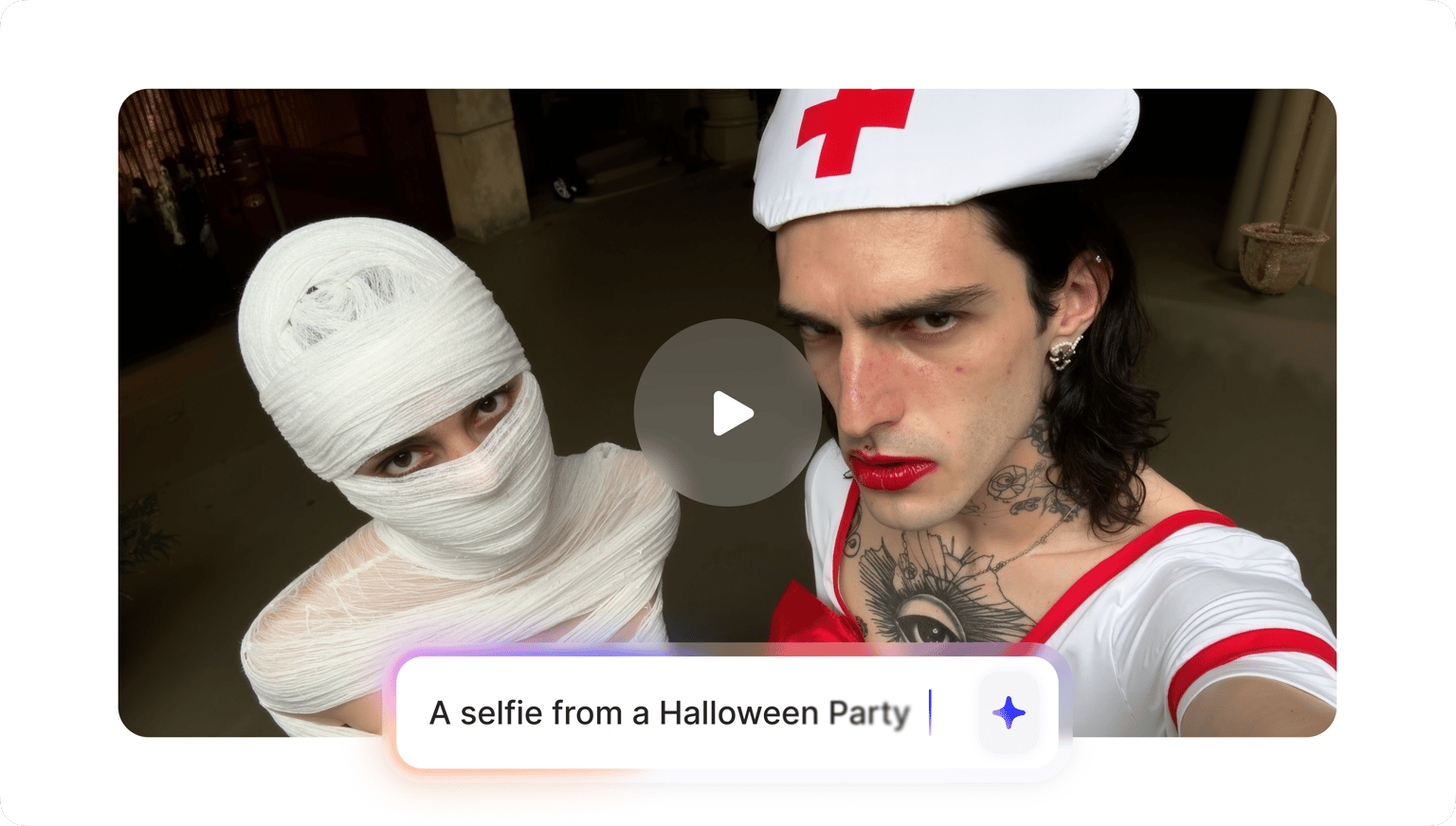 VEED's AI Halloween Generator featuring AI-generated Halloween costume characters captioned 'A selfie from a Halloween Party.'