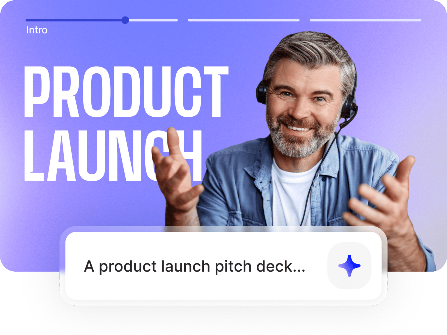 VEED's AI Presentation Maker recommends 'A product launch pitch deck' as a suggested template to help users create presentations.