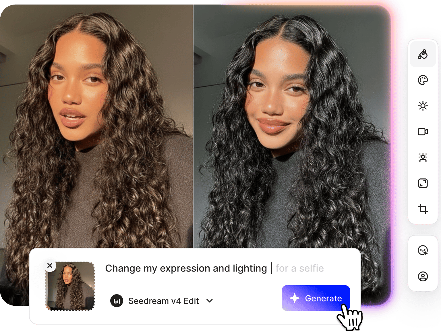 VEED's AI Selfie Generator showing original and AI-enhanced portrait with 'Change my expression and lighting' adjustment panel.