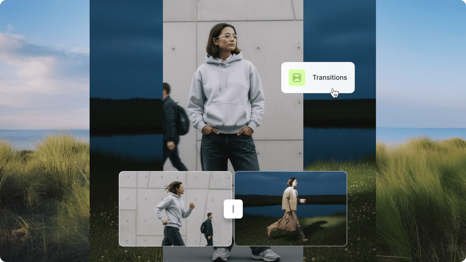 VEED's AI Transitions demo showing geometric black transitions automatically connecting multiple video clips.