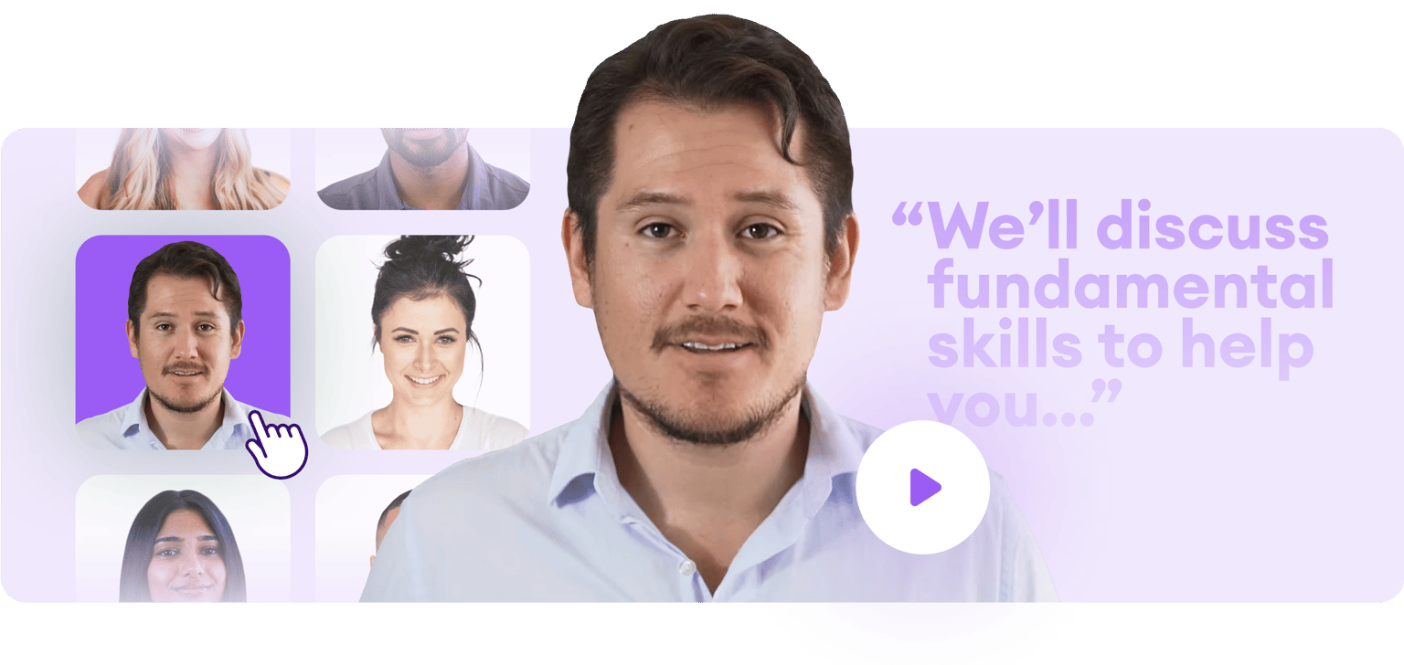 VEED's AI Video Generator showing avatar presenter options, one saying 'We'll discuss fundamental skills to help you...'