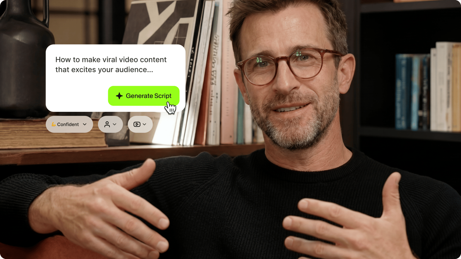 Man with glasses gesturing next to an online AI video script generator interface panel with a generate script button.