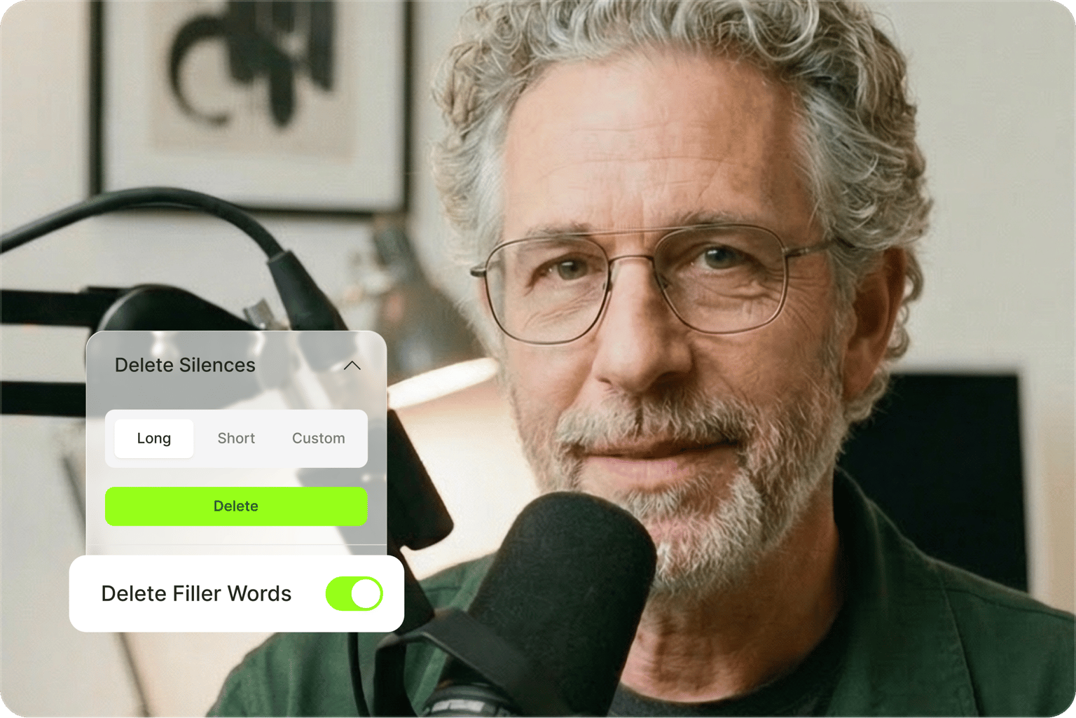 VEED's AI Audio Cleaner interface showing Remove Noise toggle and Noise Filter Strength adjustment during podcast recording.