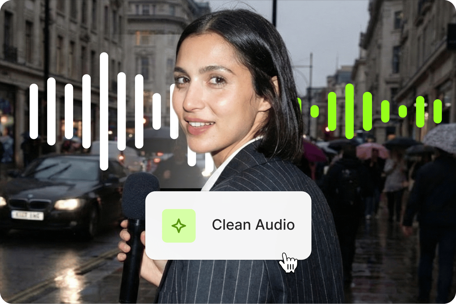 Woman on a rainy street with VEED's Clean Audio button activated to remove background noise, with waveforms overlaid.