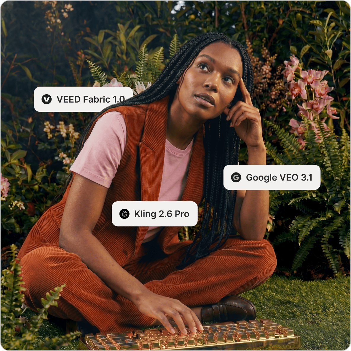 Woman with braids sitting on grass by a golden keyboard thinking with labels for different AI image generator models.