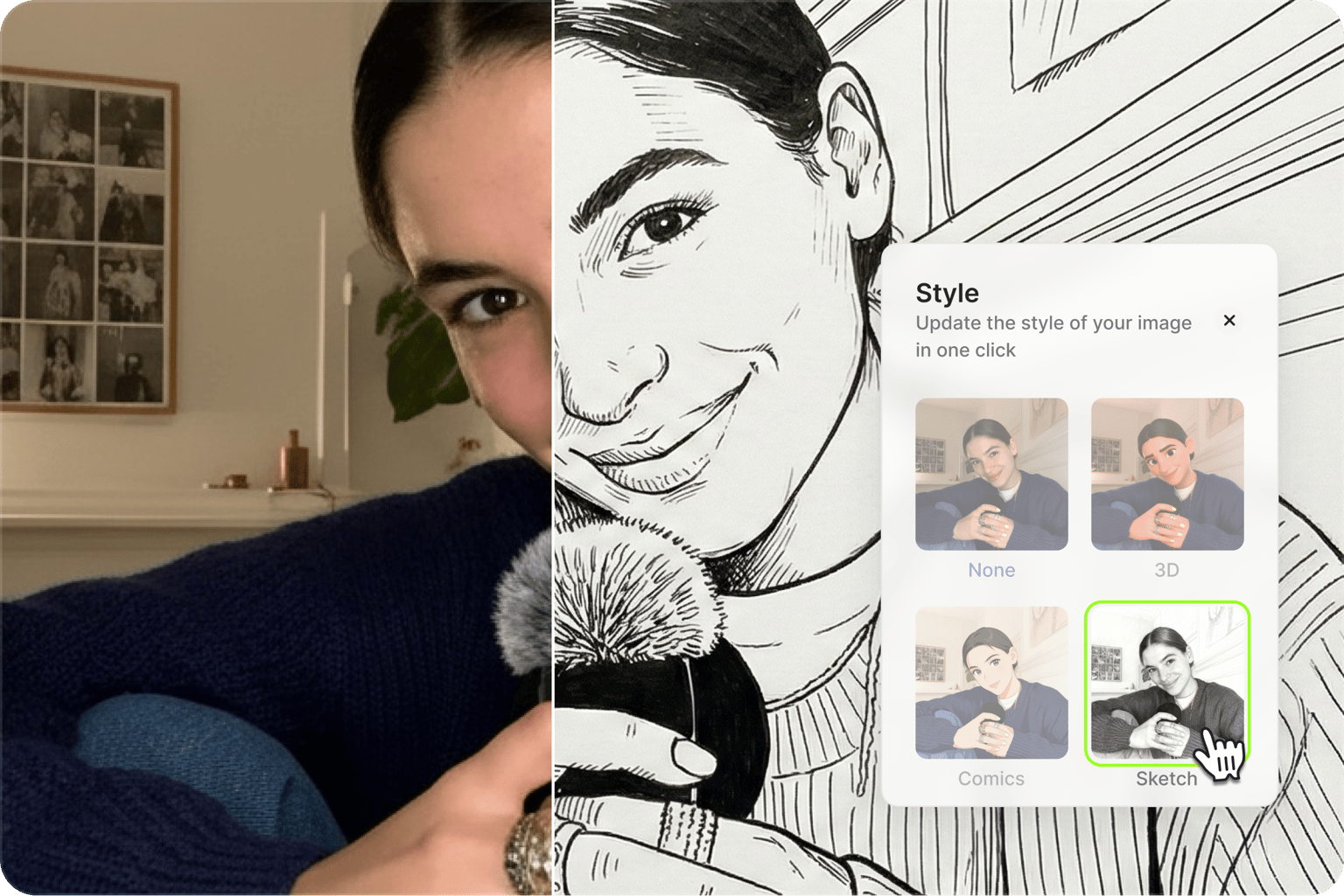 VEED's AI Style Filter converting a photo into various artistic styles: sketch, portrait, and stylized transformations.