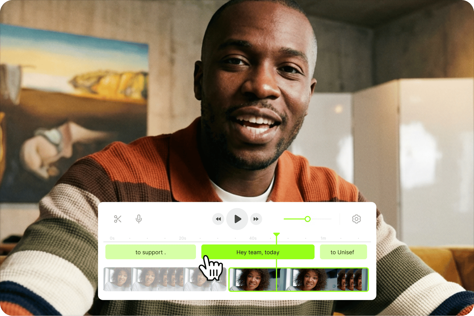 Content creator displaying VEED's AI video editing interface on laptop in a home studio.