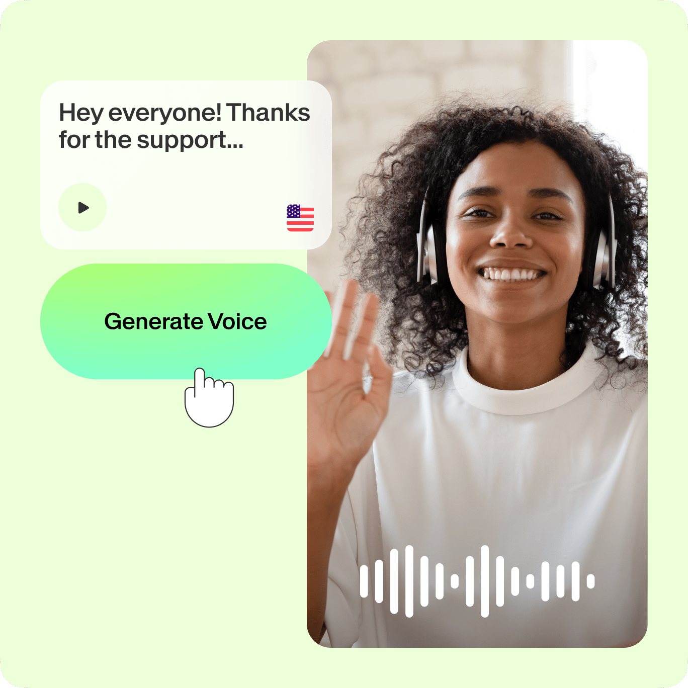 VEED's Voice Generator showing chat input generating voice output: woman in headphones with audio waveform display.