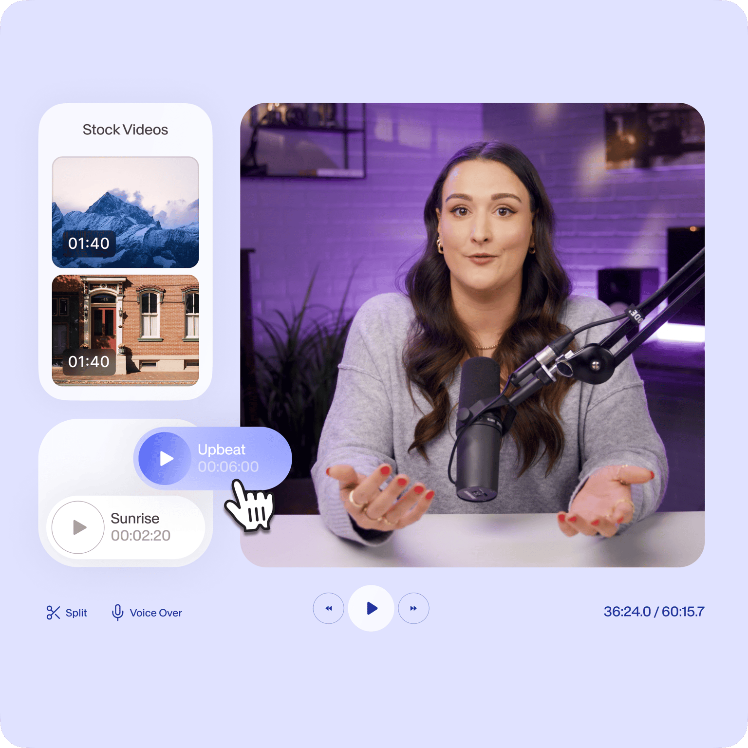VEED's stock media library showing available videos and audio, with video thumbnails, 'Sunrise' track, and podcast recording use case.