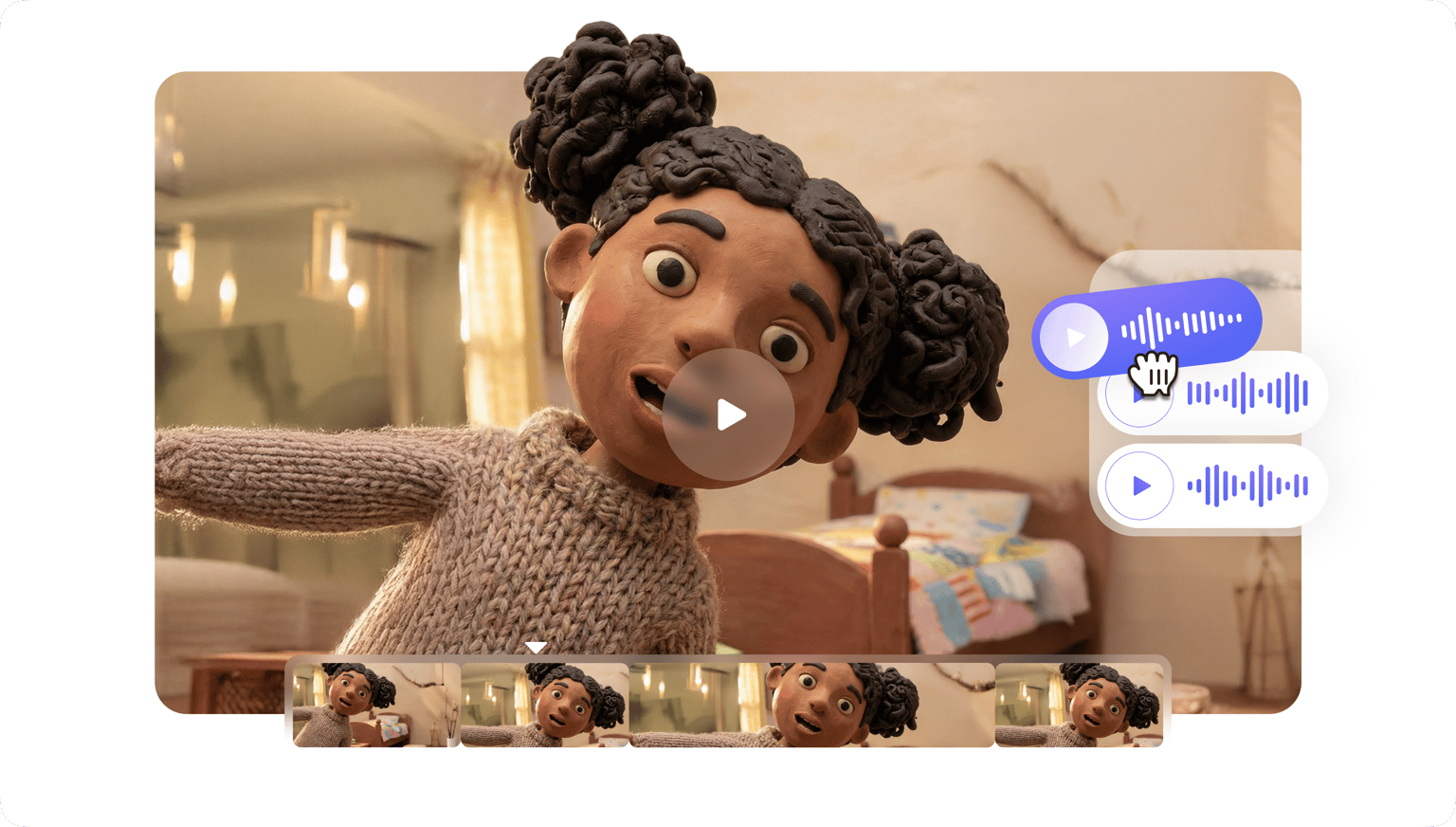 VEED's tool for adding music to GIFs features an animated character with a music control panel and stacked audio elements.