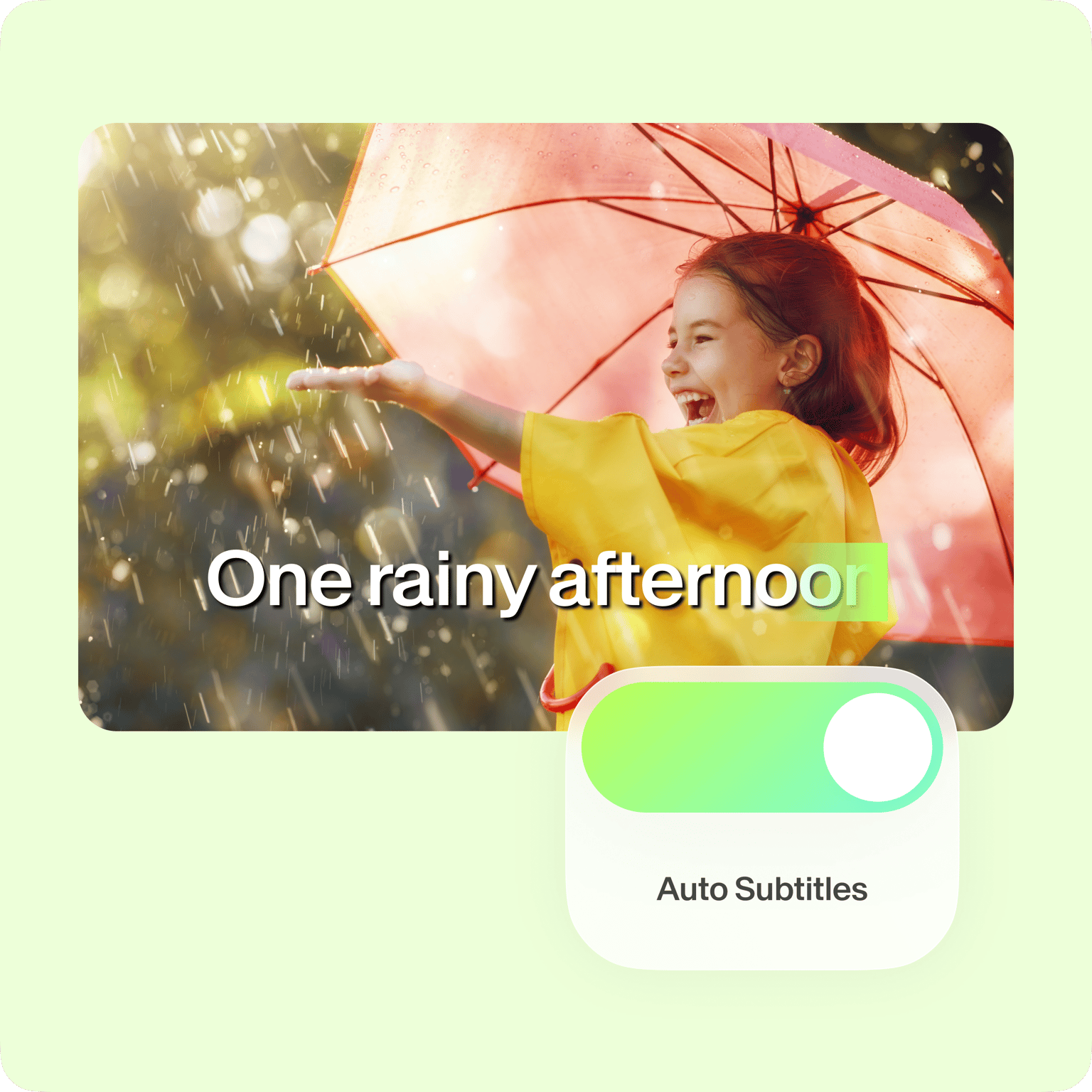 VEED's Auto Subtitles feature toggle enables automatic captions, shown generating 'One rainy afternoon' subtitle on video.