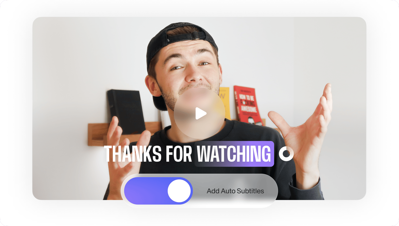 VEED's subtitle feature showing a video player with 'THANKS FOR WATCHING' text and subtitle toggle enabled.