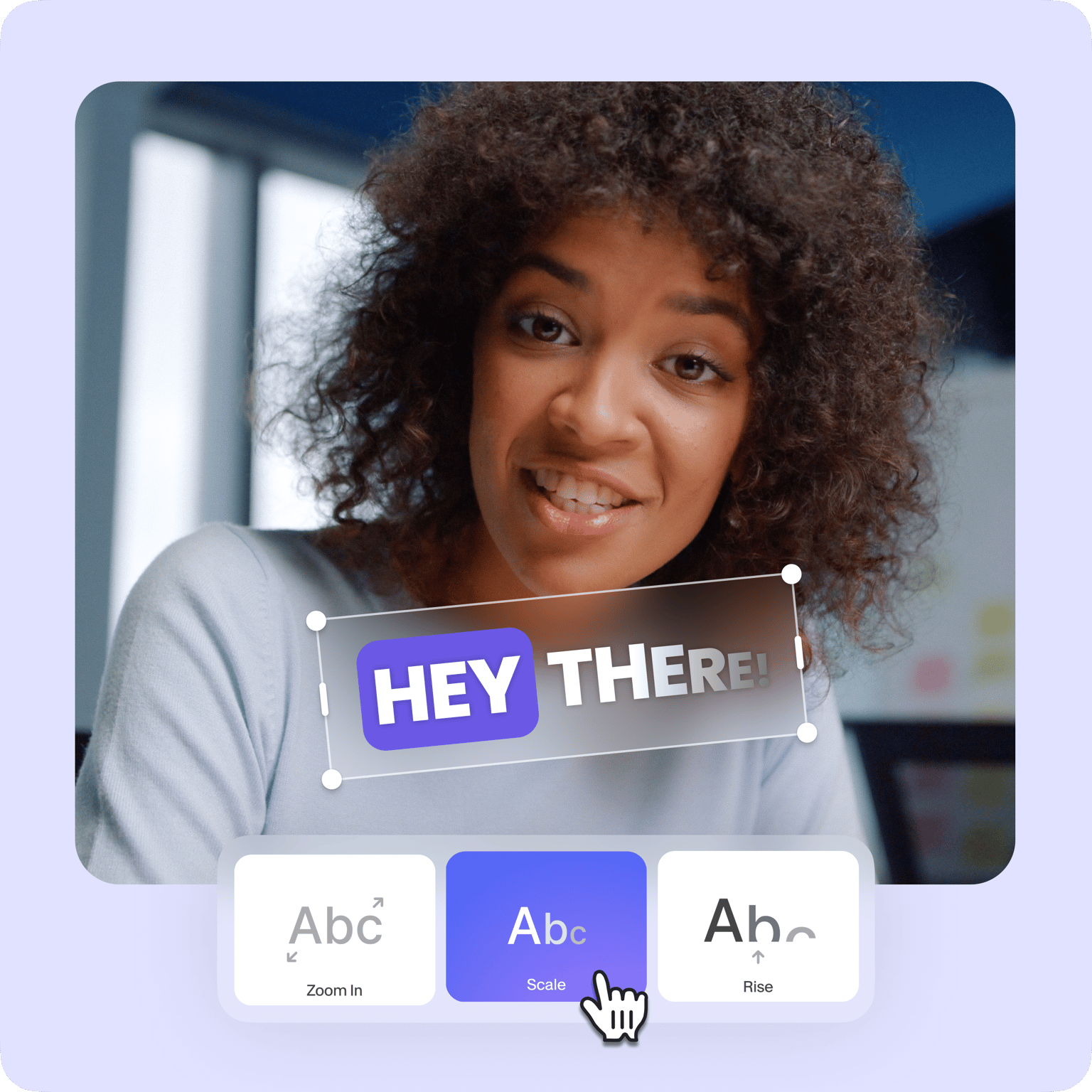 VEED's text animator displaying 'HEY THERE' with letter animation options and font style selector (Abc, Ab, Ah...).