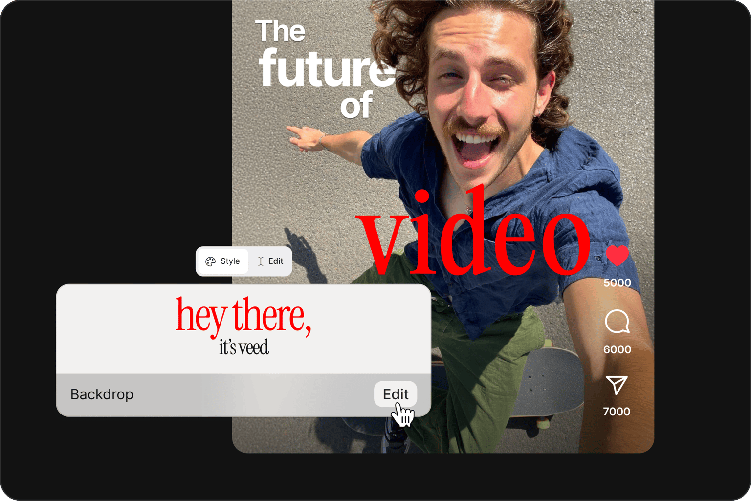 VEED's caption tool displays 'The future of video' text overlay with subtitle editing panel and 'here.' caption controls.