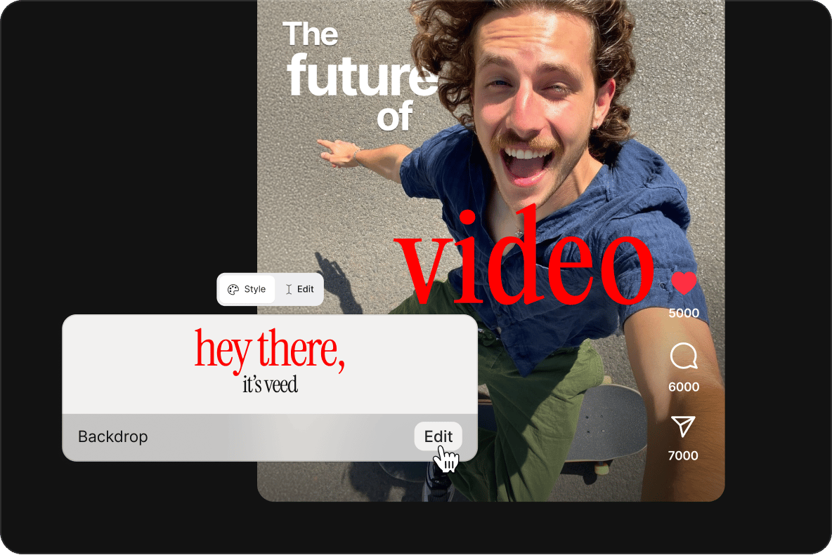 VEED Caption Tool adding eye-catching text overlays to a Reel, displaying 'The future of video.' with the editor panel open.