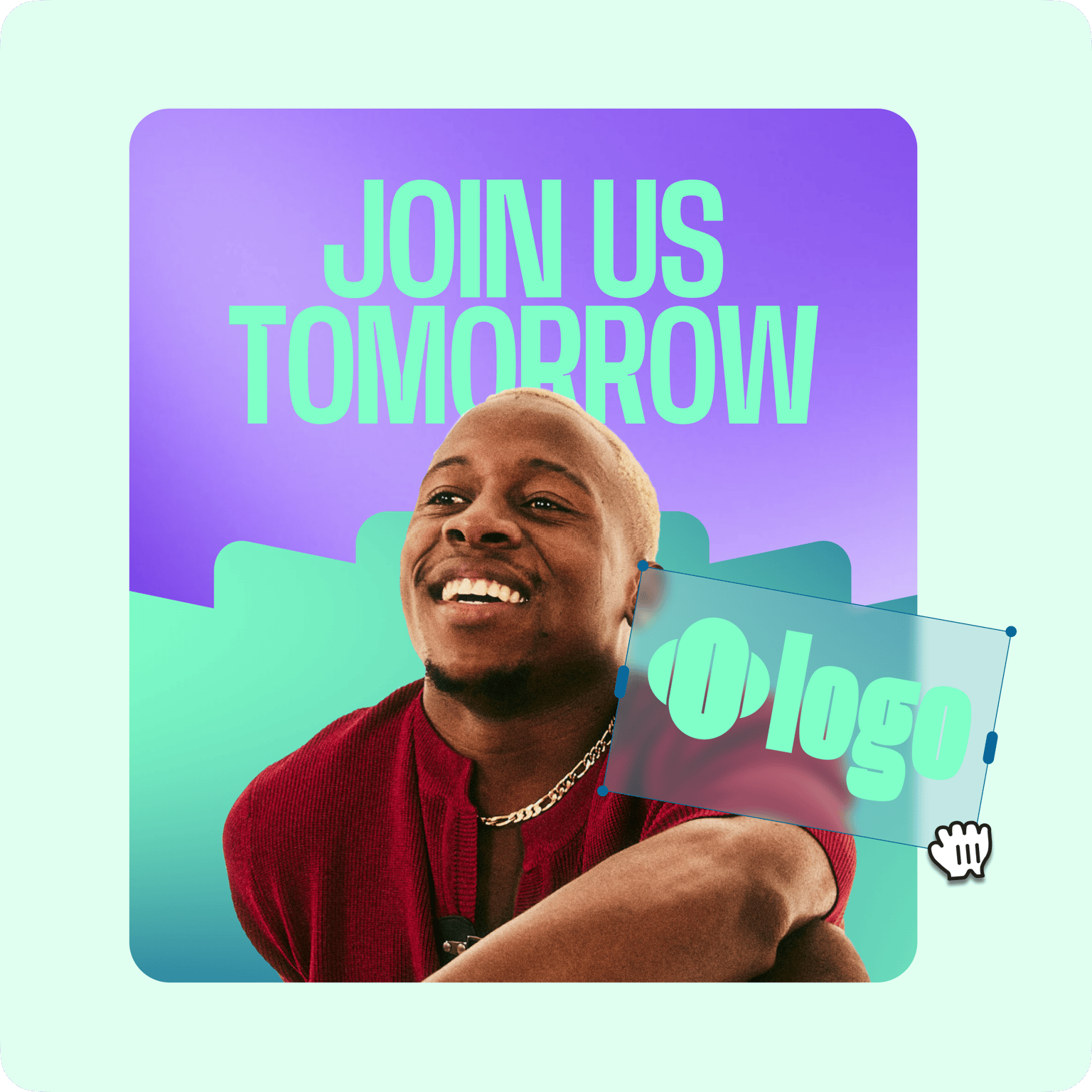 VEED editing example combining text and image elements in a 'JOIN US TOMORROW' promotional banner template.