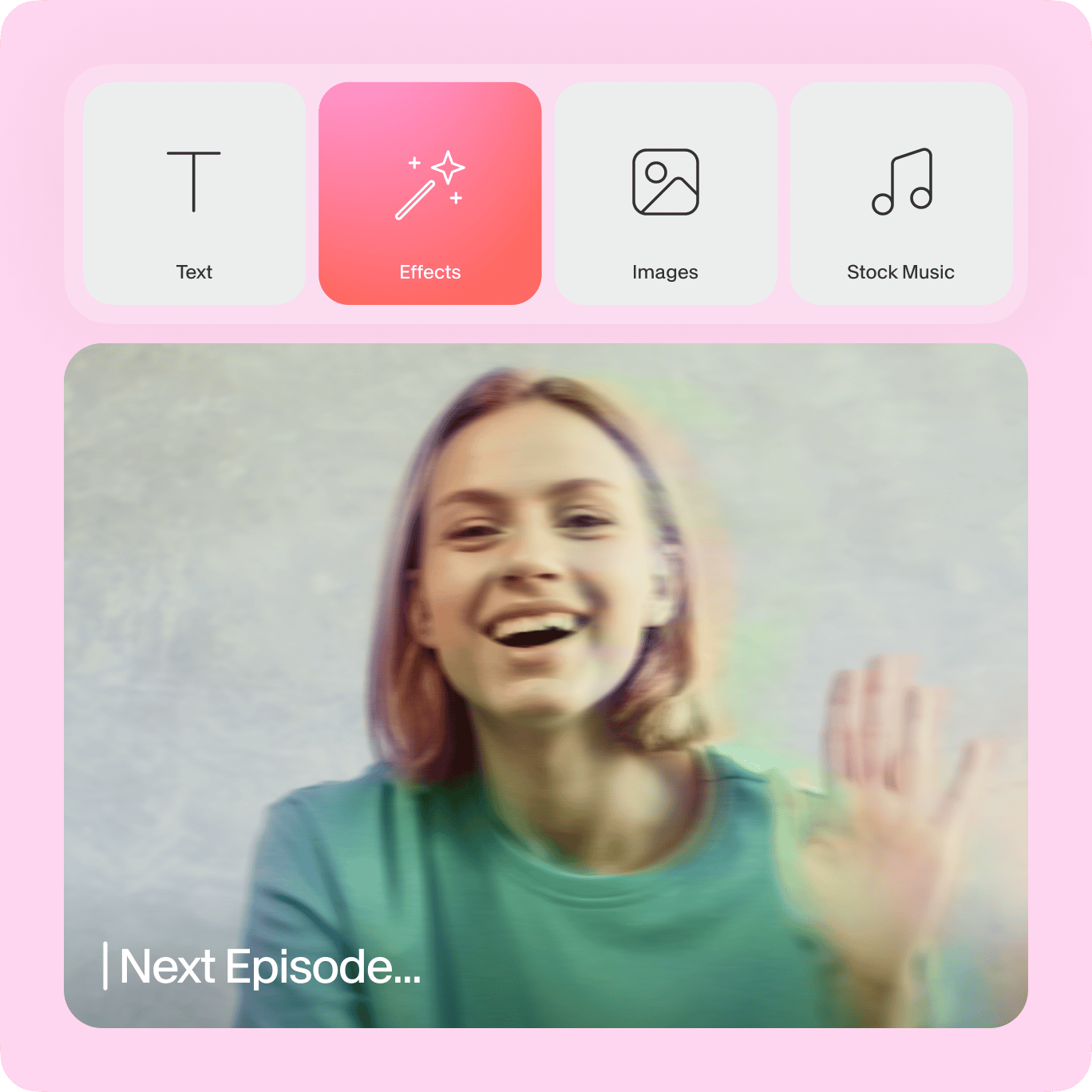 VEED's video editor showing effect options: Text, Effects, Images, and Stock Music buttons available to enhance video content.