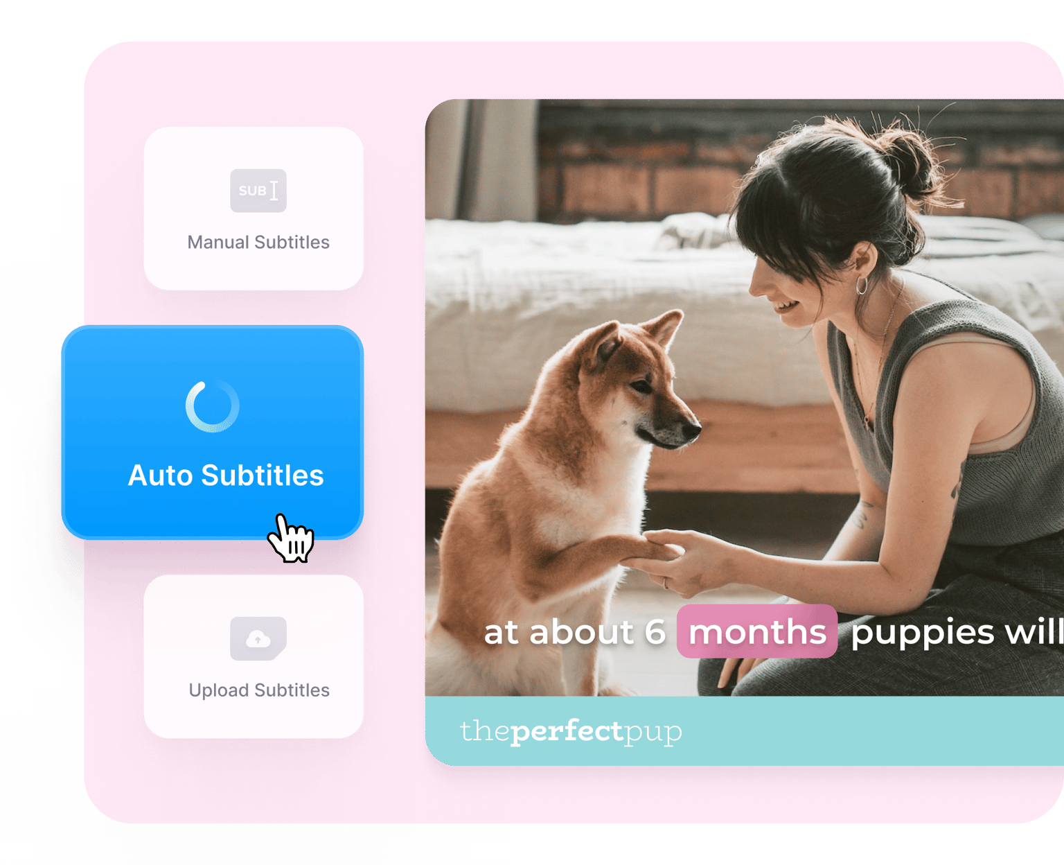 VEED's Auto Subtitles interface showing automatic captions being generated for a video with a woman and dog.