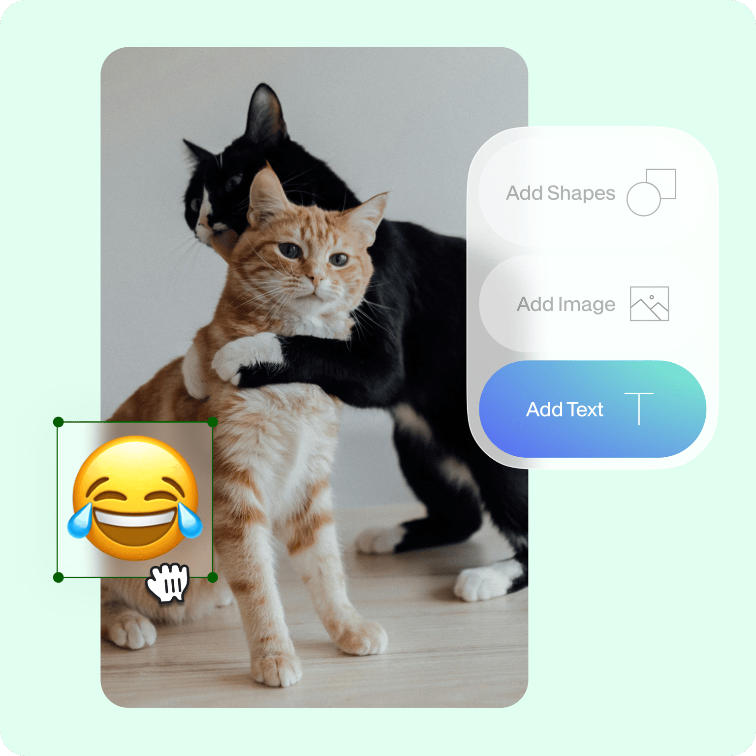 VEED's editor showing options to add text, images, and shapes to GIFs, with a cat wearing a wizard hat and laughing emoji.