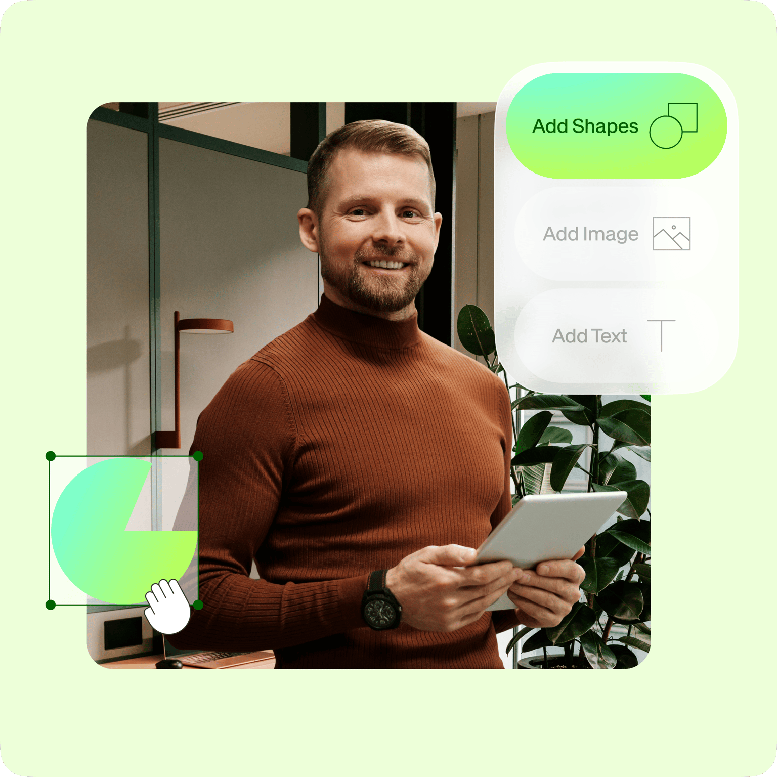 VEED's editor interface showing a smiling man with a laptop and menu options to Add Text, Add Image, and Add Shapes for content creation.