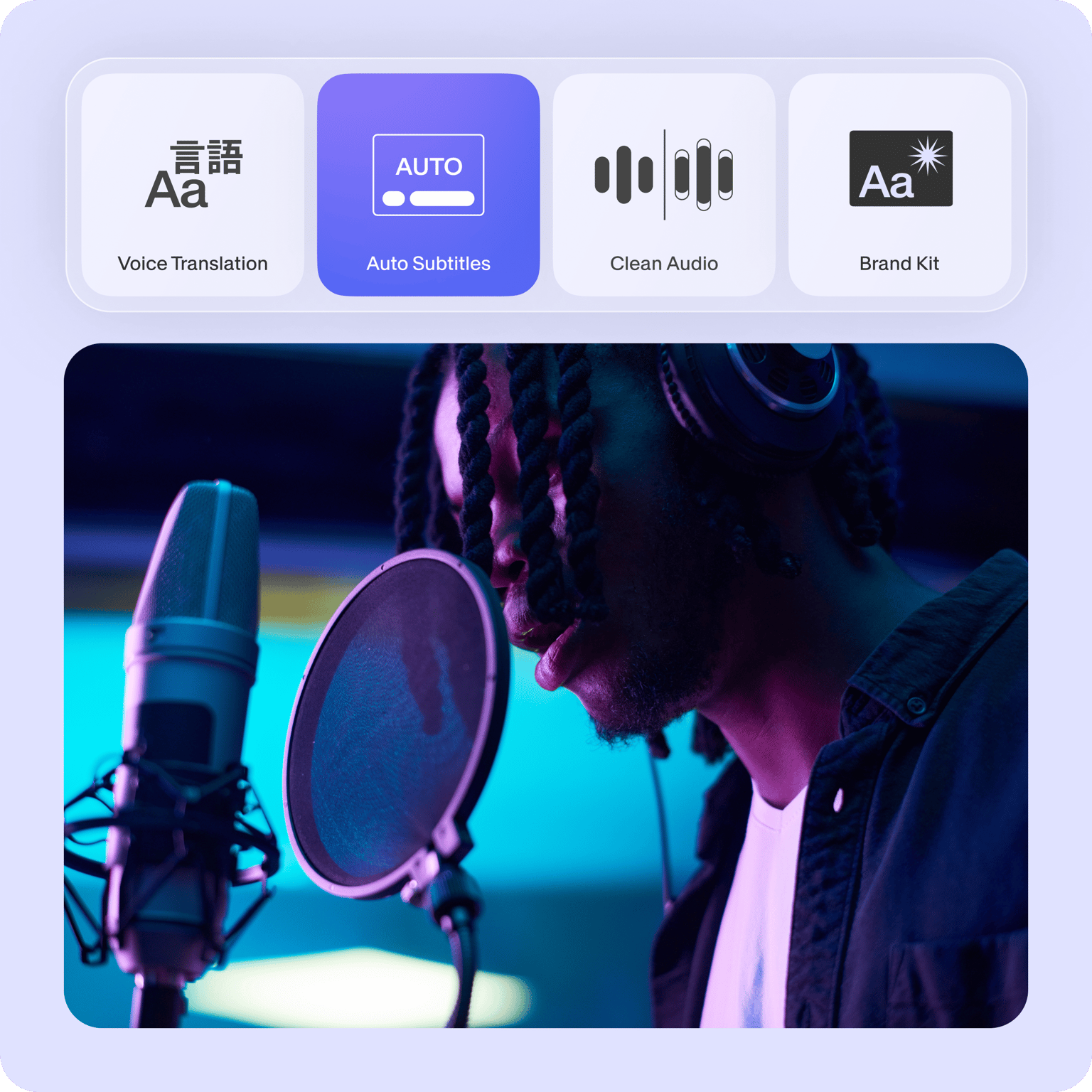 VEED's video editor tools: Video Translation, Auto Subtitle, audio editing, and Brand kit, with a professional microphone.
