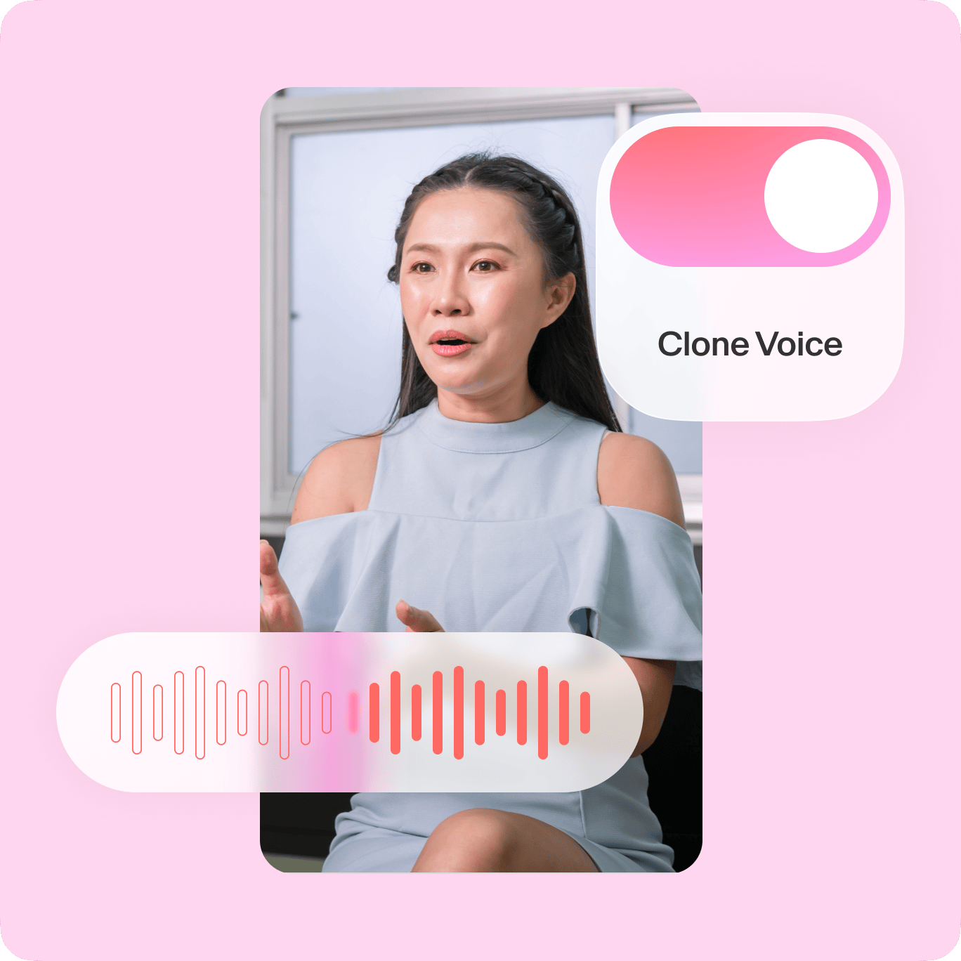 VEED's voice cloning tool interface with portrait, 'Clone Voice' toggle, and audio waveform for voice replication.