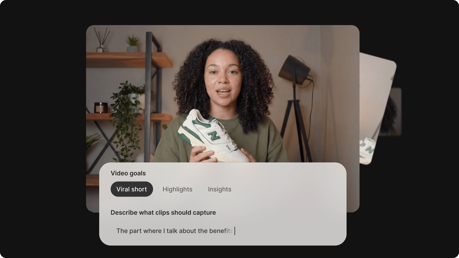 VEED's Automatic Clip Maker interface with text input to describe what clips should be automatically generated from video.