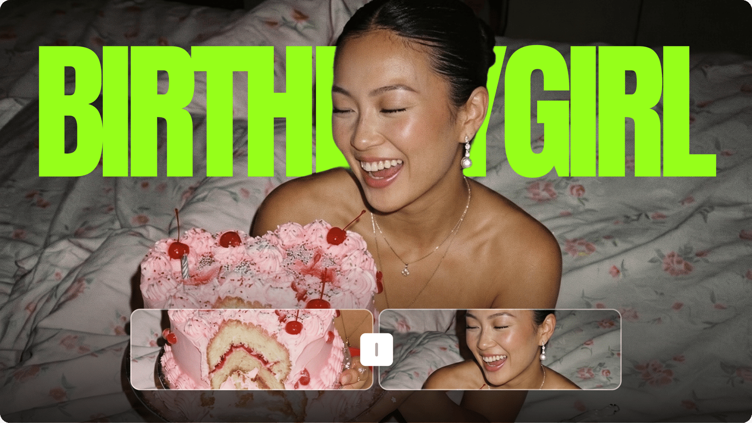 Birthday video maker demo showing neon green birthday girl text over a smiling woman with a pink cake and editor timeline