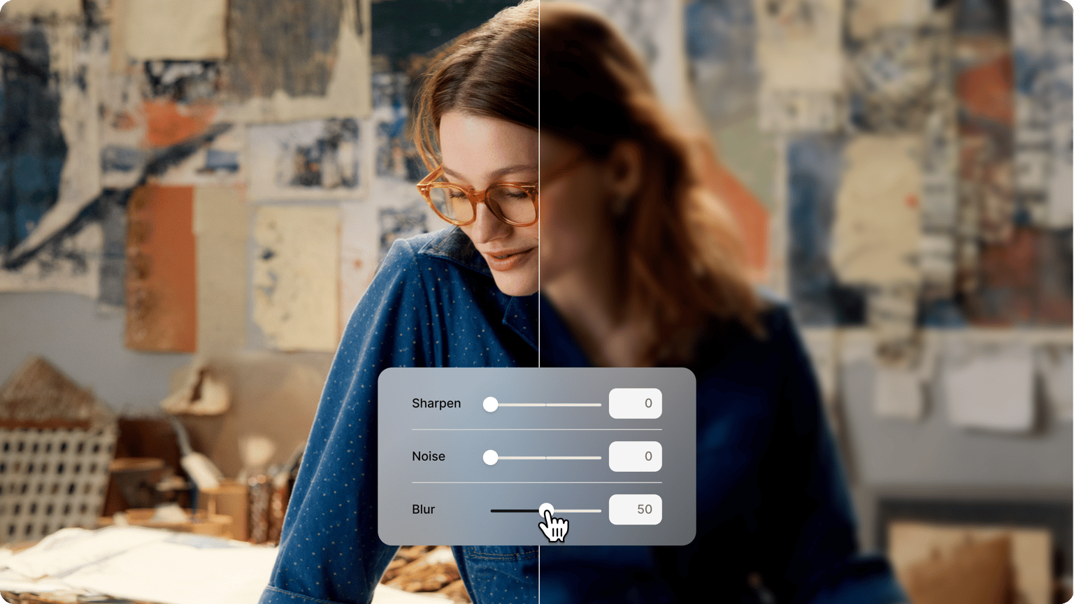 Blur video online demo showing a clear and blurred split screen of a woman with a cursor adjusting a blur slider