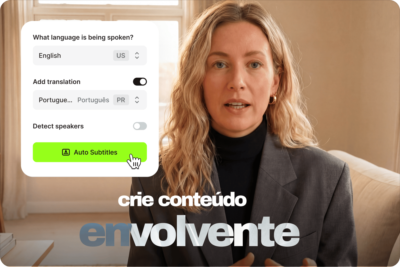 VEED's Subtitle Generator showing language options like English and Portuguese to create and translate captions.