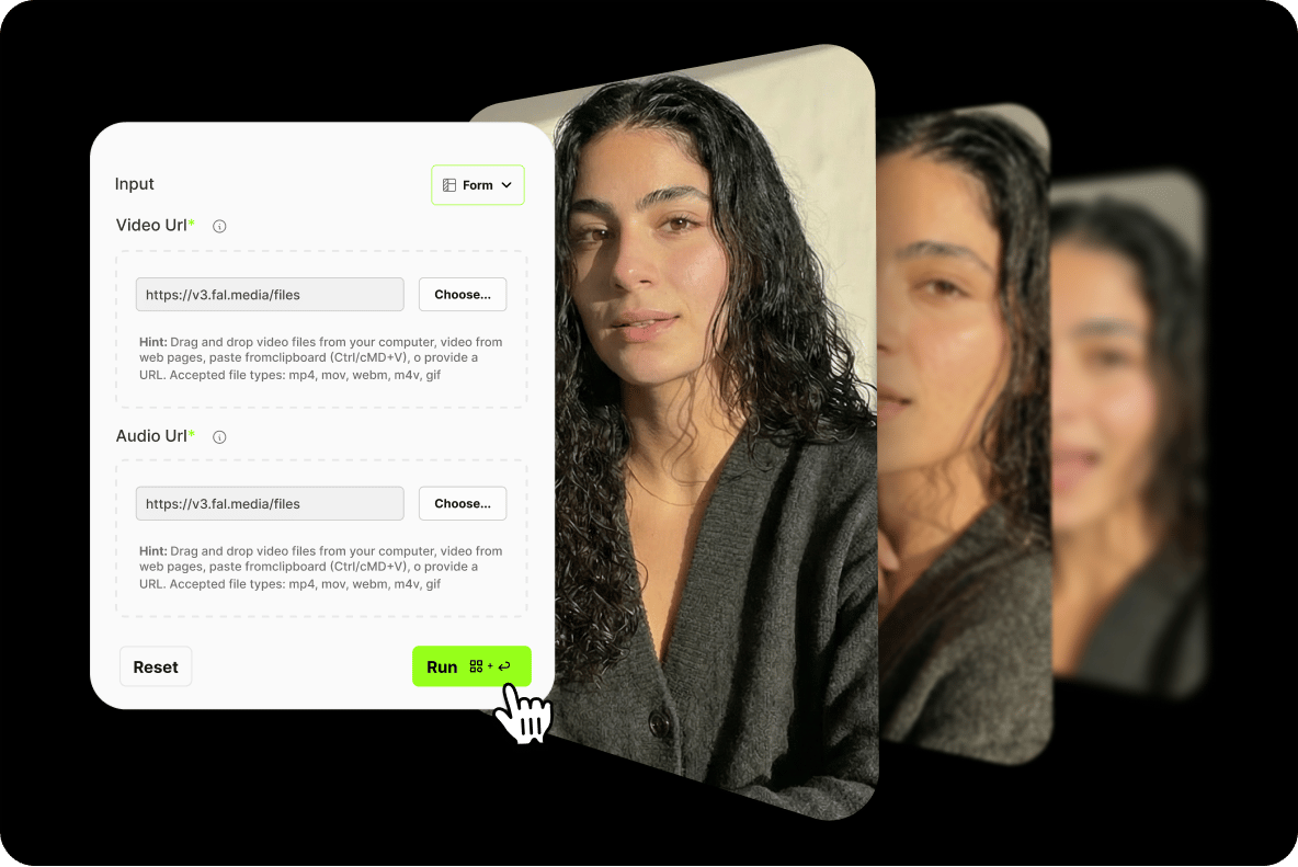 Sequential video frames of a woman next to a lip sync API form with fields for video and audio URL inputs