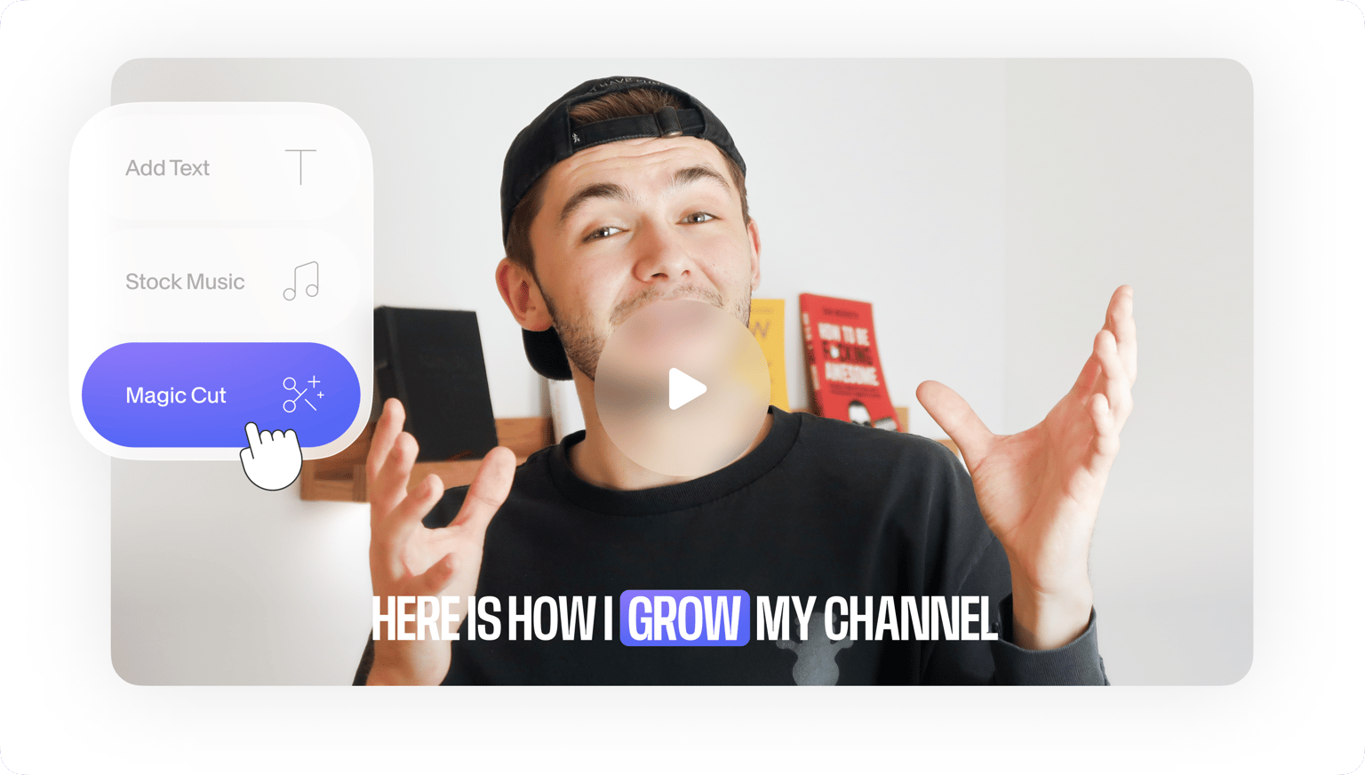 VEED's Business Video Maker tool for creators, displayed with user holding phone and text 'GROW MY CHANNEL'.
