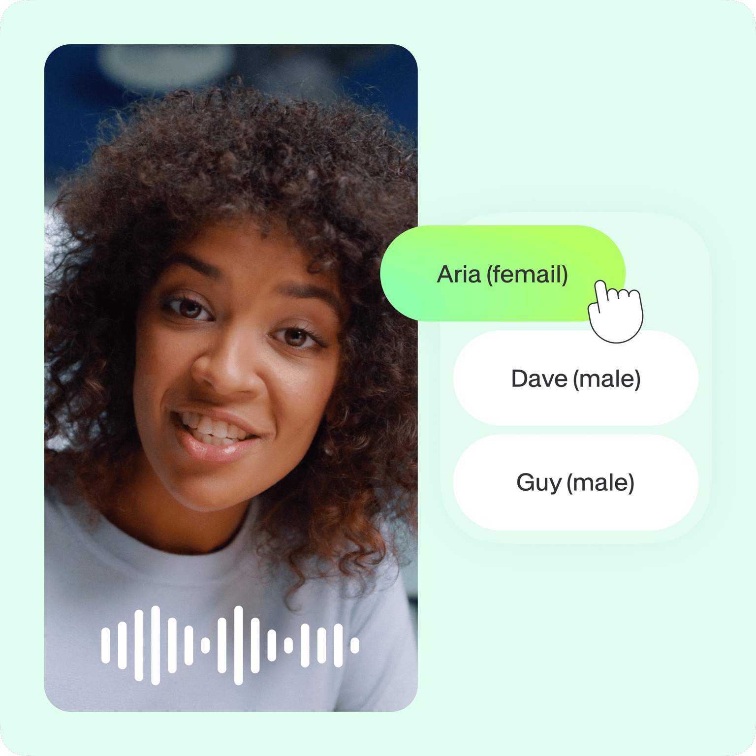 VEED's PDF reader voice selector displaying three AI voice options: Aria (female), Dave (male), and Guy (male).