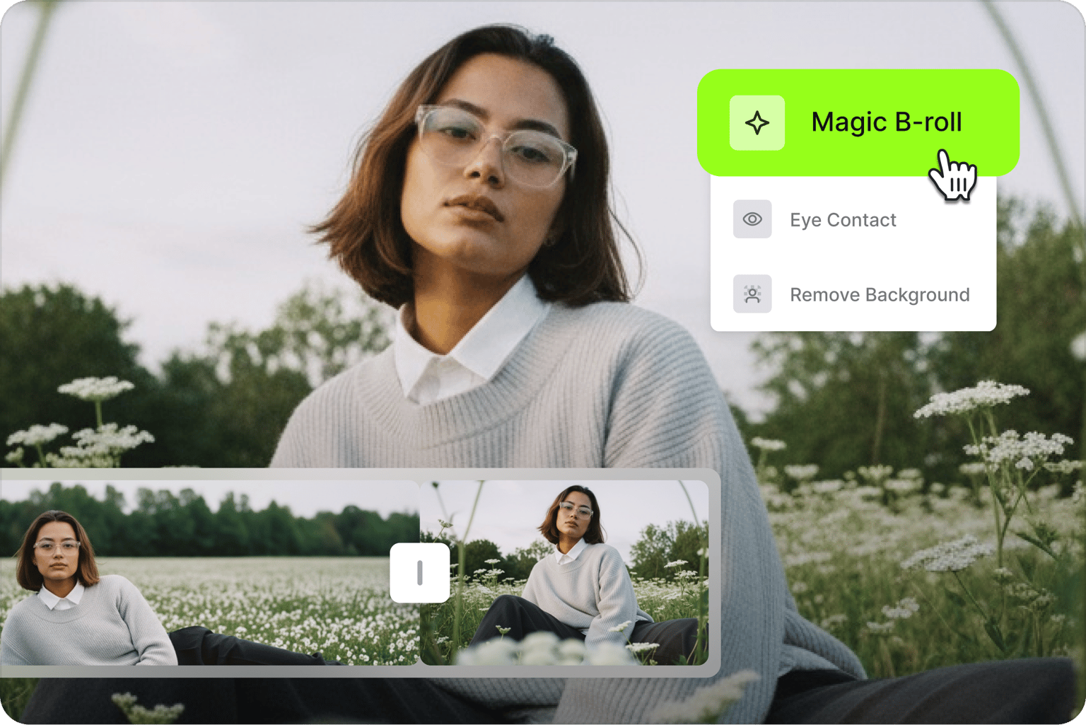 VEED's Magic Editor showing AI-powered video editing capabilities for creating social media content with real-time previews.