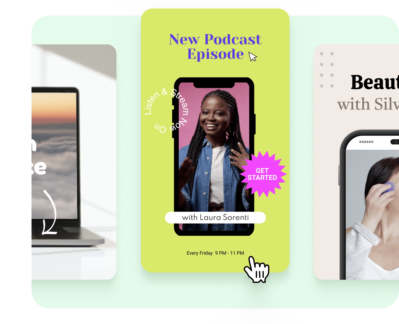 Three VEED video templates for podcast episodes and beauty content, demonstrating rapid video creation using pre-built designs.