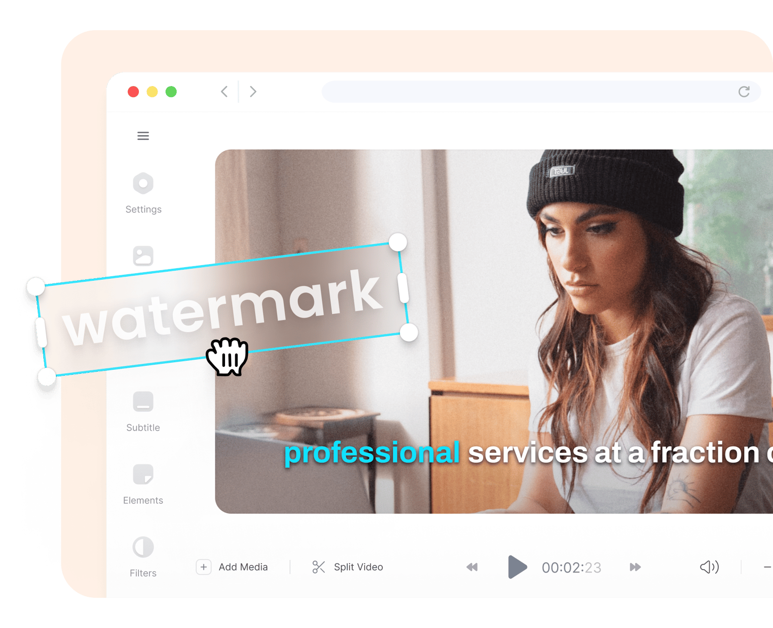 VEED's video editor interface displaying editing tools, video preview, and watermark overlay options.