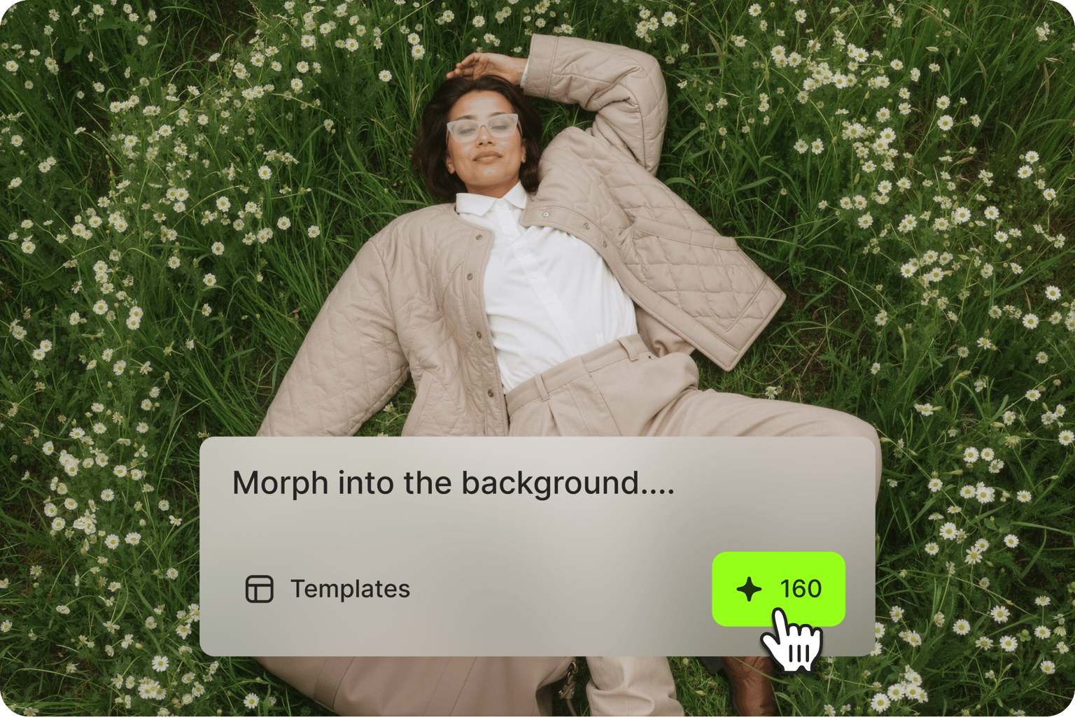 VEED's AI transition tool with text prompt input showing 'Morph into the background...' and Try Now button for generating video transitions.