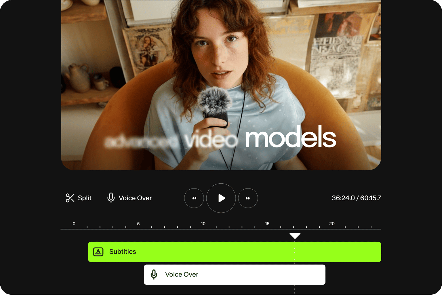 VEED's video editor displaying a portrait video with AI models text overlay and playback controls.