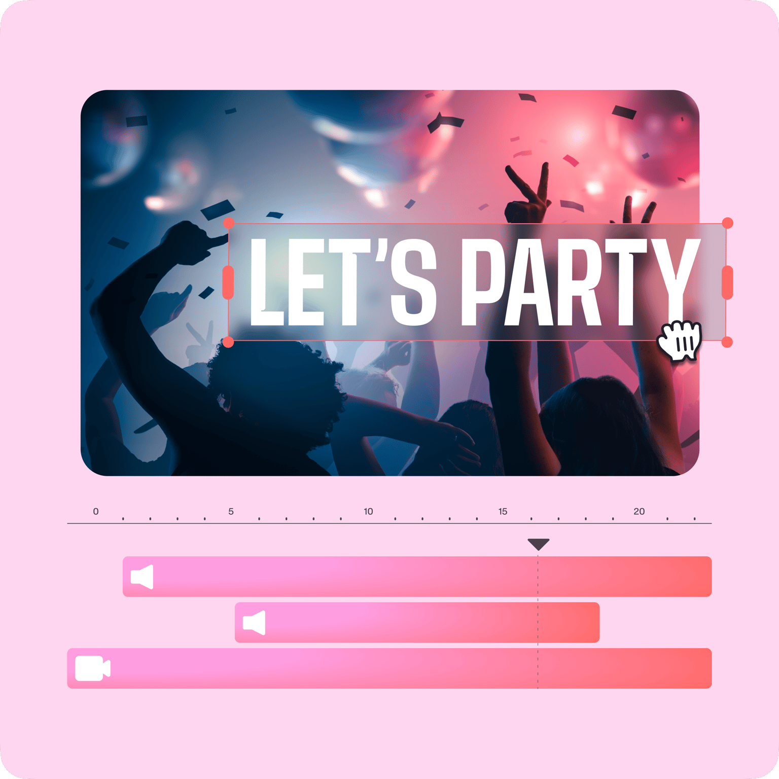VEED's video editor displaying a 'LET'S PARTY!' party invitation template with editing timeline controls.