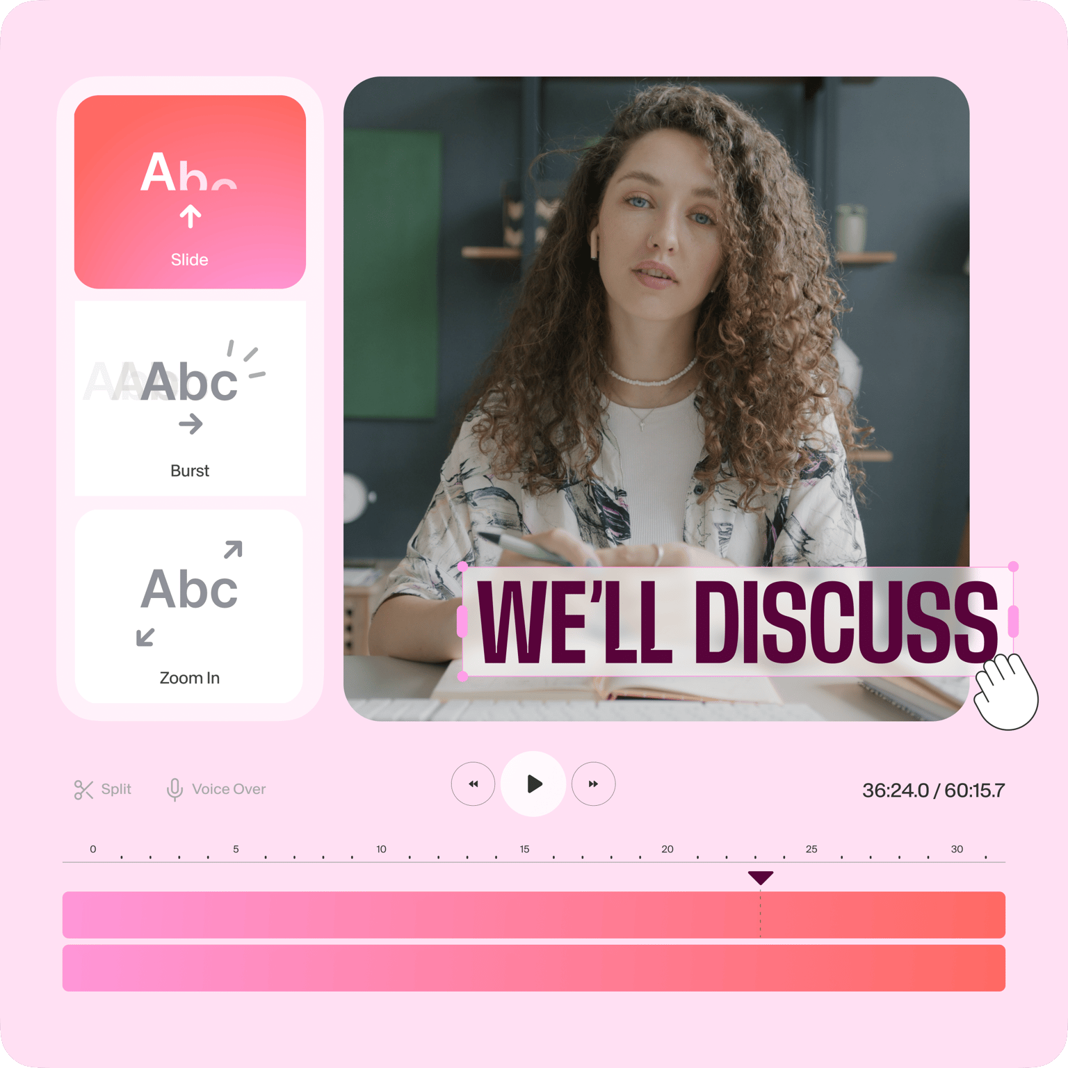 VEED's editor for creating infographic videos, showing text overlay 'WE'LL DISCUSS' applied to video.