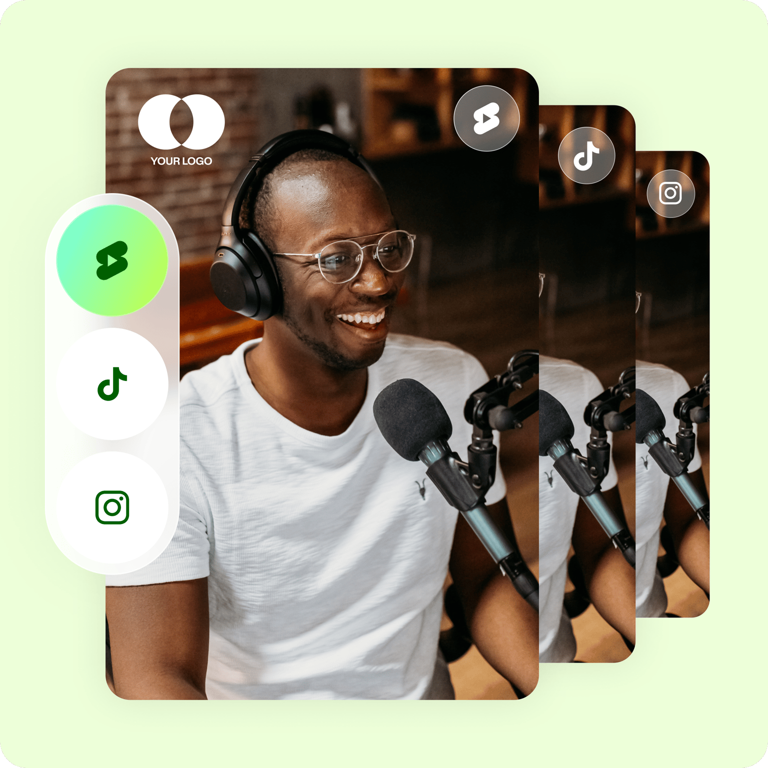 Podcaster recording content with social media logos (Facebook, TikTok, Instagram) visible, illustrating multi-platform video creation.