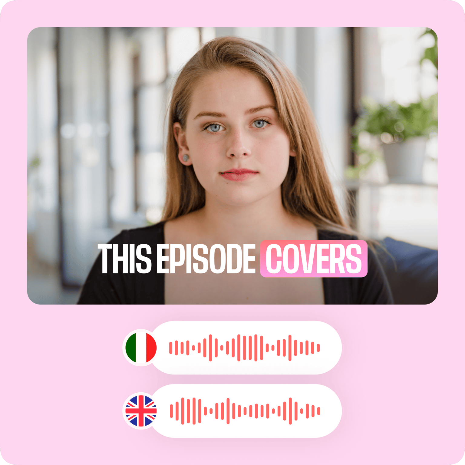 VEED's Subtitle Generator adding 'THIS EPISODE COVERS' captions in French and English to video content.