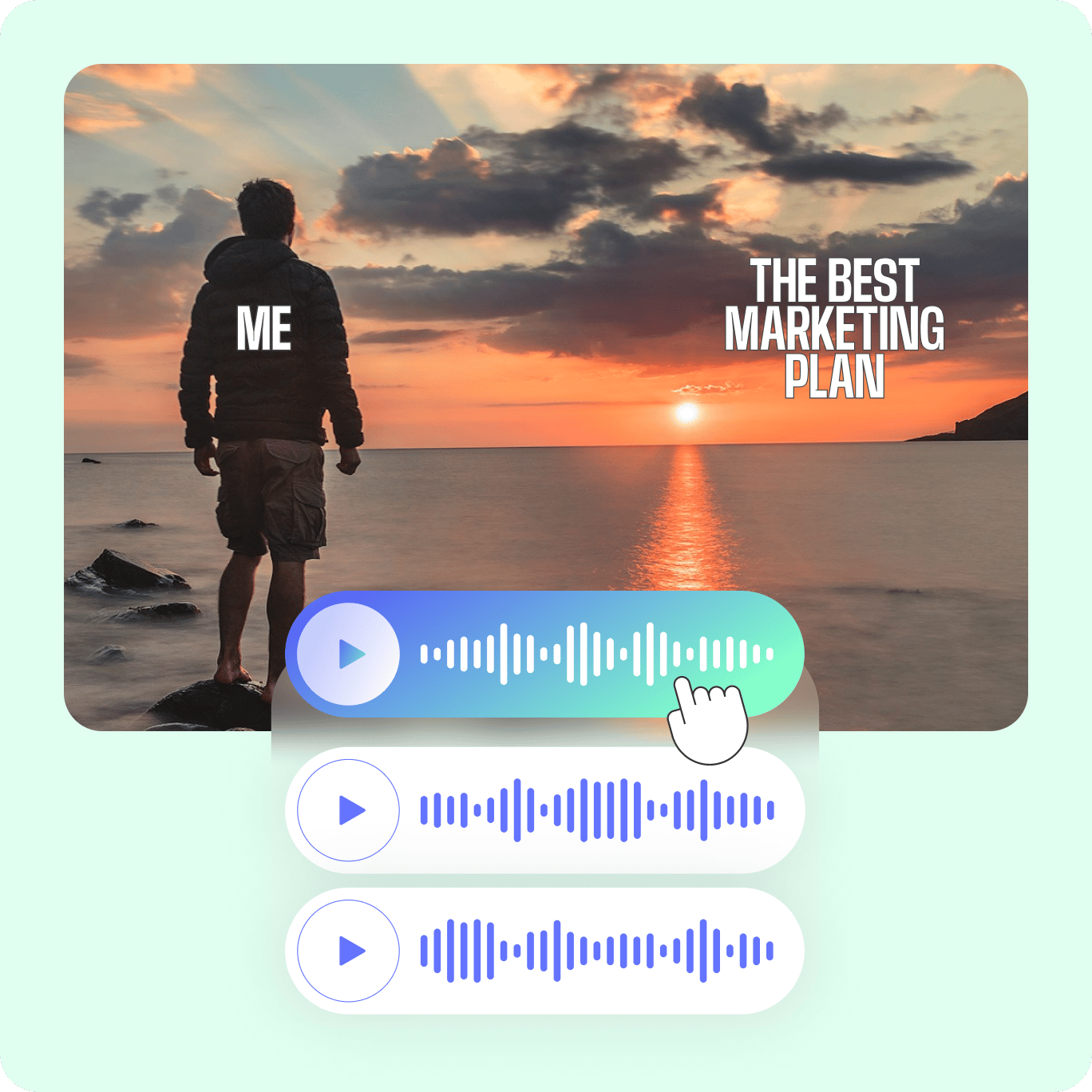 VEED's meme editor showing audio layer controls for a sunset template with 'ME' and 'THE BEST MARKETING PLAN' text.