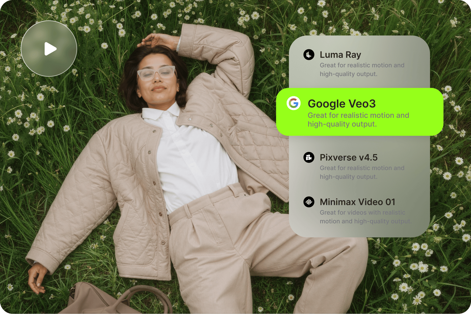 Image-to-video model selection interface with Google Vids highlighted in green, displayed over person resting on flowers.