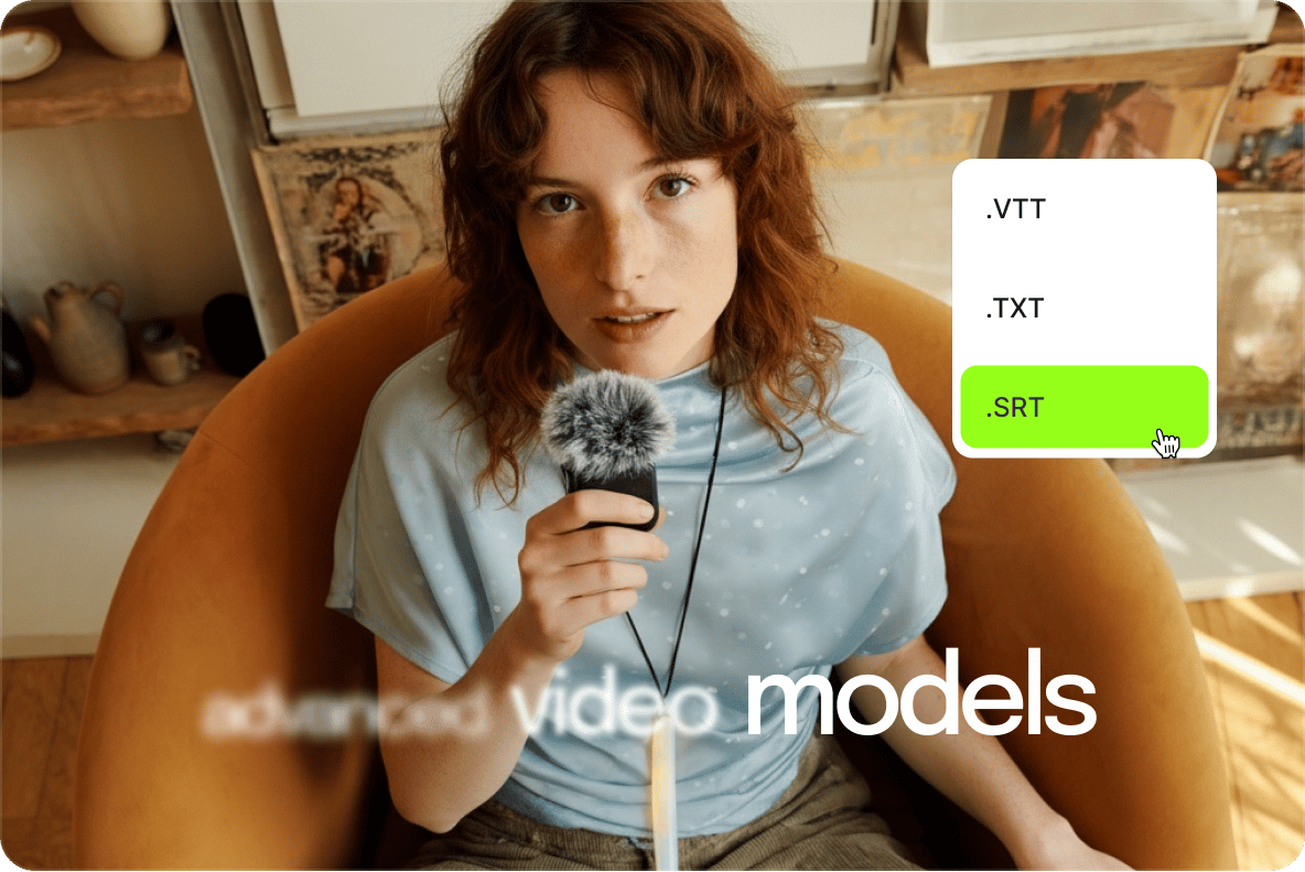 VEED's Subtitle Generator displaying export options for multiple caption formats: VTT, TXT, and SRT, with SRT selected.